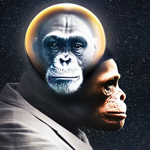 Image similar to double exposure portrait split in the middle of a astronaut and one chimpanzee in a suit posing with space in the background, pencil sketch, dynamic lighting of stars, sharpness, golden ratio