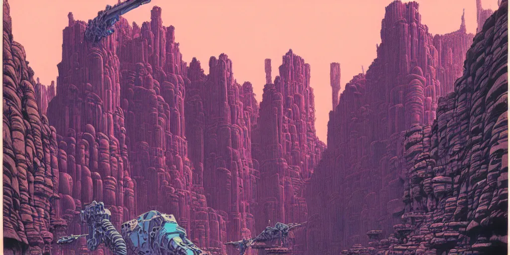 Image similar to grainy risograph matte painting of gigantic huge mech with huge swords, pastel matte colors, staying in the toxic canyon, filled with exotic animals on tall legs, by moebius, hyperrealism, intricate detailed