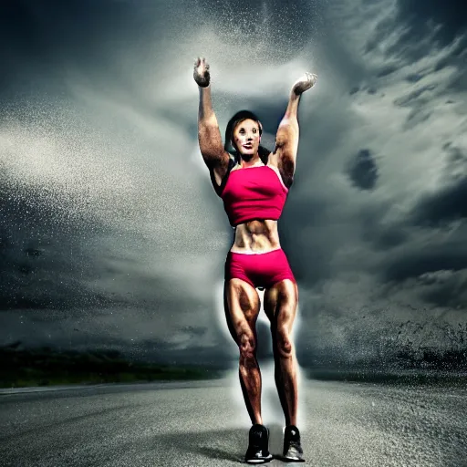 Image similar to car jump, bodybuilder, woman, holding, road, photo, digital art, hands, underbody, tire, throw,