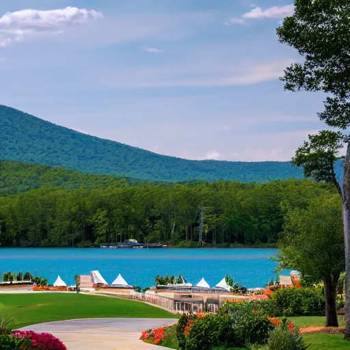 Image similar to A beautiful resort alongside a lake in Maryland. The lake also has sand surrounding it. The sun is shining and can be seen reflecting off of mountains in the distance