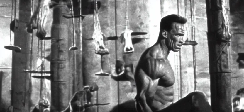 Image similar to film still of arnold schwarzenegger in the pit and the pendulum ( 1 9 6 1 ) in the style of cronenberg, pathecolor, 4 0 mm panavision wide - angle lens