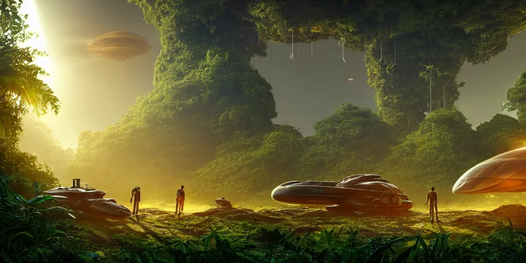 Image similar to a huge futuristic rusty old alien spaceship, next to it a smaller exploration ship on a landing pad, surrounded by a lush jungle, in the foreground two explorers are having a conversation and small animals! are walking around, golden hour, volumetric light, hyperdetailed, artstation, cgsociety, 8k