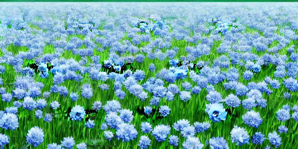 Image similar to field of light blue flowers, white background, matte painting