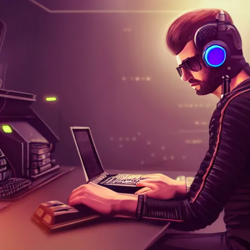 Image similar to realistic successful man typing on laptop in gaming room, artstation trends, cyberpunk concept art, highly detailed, intricate, sharp focus, digital art, 8 k