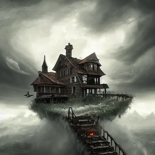 Image similar to haunted house floating in water, storm approaching, stylized, artgerm, artstation, hd, cgsociety, cgi, realistic, dramatic, cinematic, artistic, trending, detailed