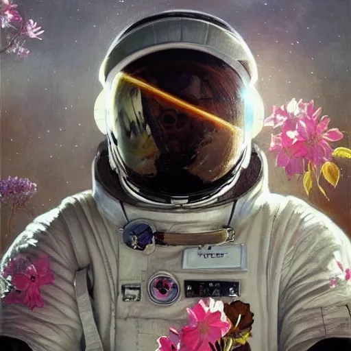 Image similar to a close up painting of an astronaut floating in space. his helmet visor is dark and reflective. you can see the reflection of flowers in his helmet visor. by artgerm and greg rutkowski and alphonse mucha