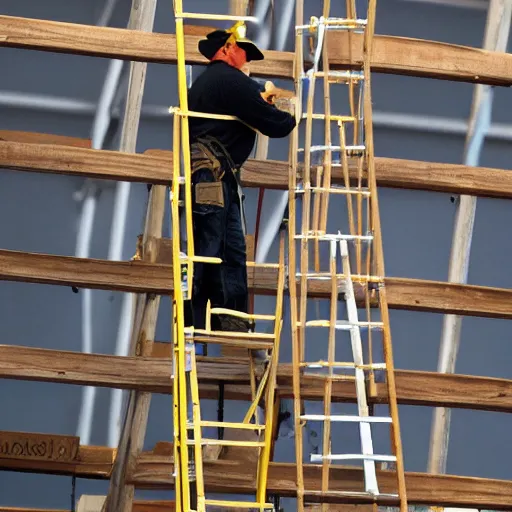 Prompt: man bear rigging a stage on a scaffold