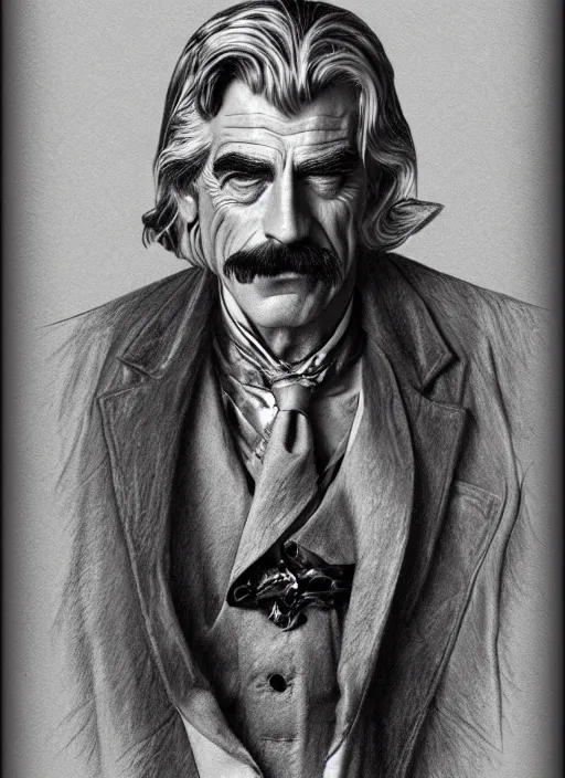 Prompt: hyperrealist pencil sketch of sam elliott as dracula by david malan and alphonse mucha, fantasy art, drawing, dynamic lighting, artstation, poster, volumetric lighting, very detailed faces, 4 k, award winning