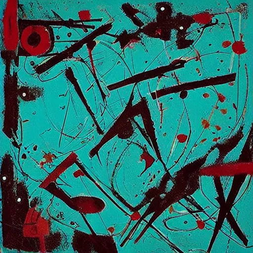 Image similar to “Coraline movie ‘other mother’ art noir, art deco, horror tones, 1950’s, solid coloured shapes, geometric, only form, no details, artists: Jackson Pollock teal palette, ”