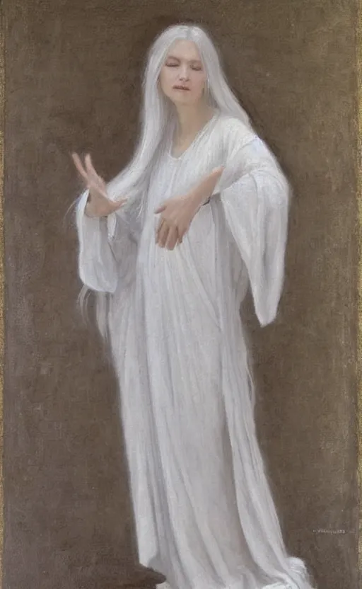 Image similar to say who is this with silver hair so pale and wan! and thin!? female angel, wearing white robes flowing hair, fair body, white dress!! silver hair, covered!!, clothed!! lucien levy - dhurmer, fernand keller, oil on canvas, 1 8 9 6, 4 k resolution, aesthetic, mystery