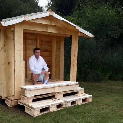 Prompt: man in a white dress builds a wooden shed out of pallets