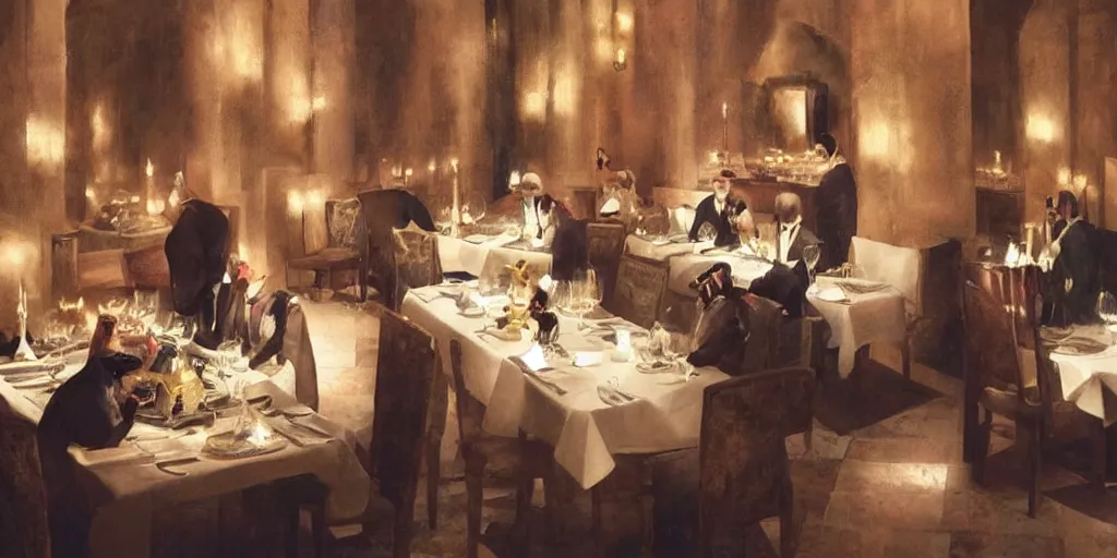 Prompt: sophisticated cats dressed up eating dinner at a fancy restaurant, very atmospheric lighting