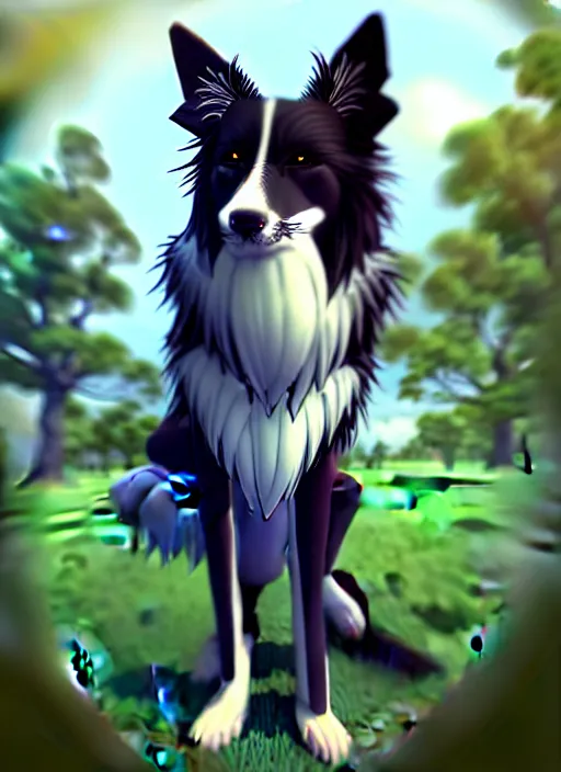 Image similar to wide angle beautiful full body portrait of a cute male bipedal anthro border collie fursona posing in front of a park, character design by charlie bowater, henry asencio, and ross tran, furry art, furaffinity, beautiful, glamor pose, detailed, aesthetic, trending on artstation