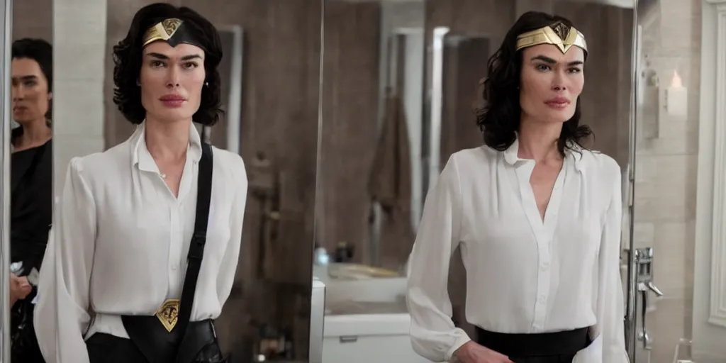 Image similar to ultra wide angle photo of lena headey dressed in a white blouse and black dress pants as diana prince looking at herself in a bathroom mirror and seeing her reflection as wonder woman