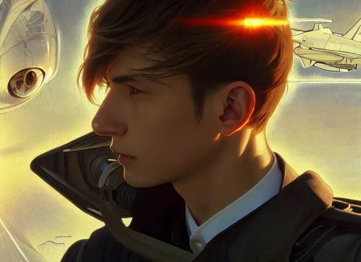 Image similar to a man surrounded by radiant energy fused aircraft parts, military pilot clothing guernica anime style short hair hair down symmetrical facial features, from arknights hyper realistic 4 k rule of thirds extreme detail, detailed drawing trending artstation hd realistic lighting, by alphonse mucha alex grey greg rutkowski, shoulder eyes, backlit