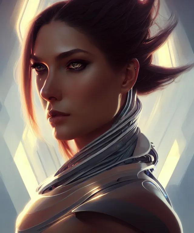 Image similar to futuristic woman portrait, sci-fi, amber eyes, face, long hair, fantasy, intricate, elegant, highly detailed, digital painting, artstation, concept art, smooth, sharp focus, illustration, art by artgerm and greg rutkowski and alphonse mucha