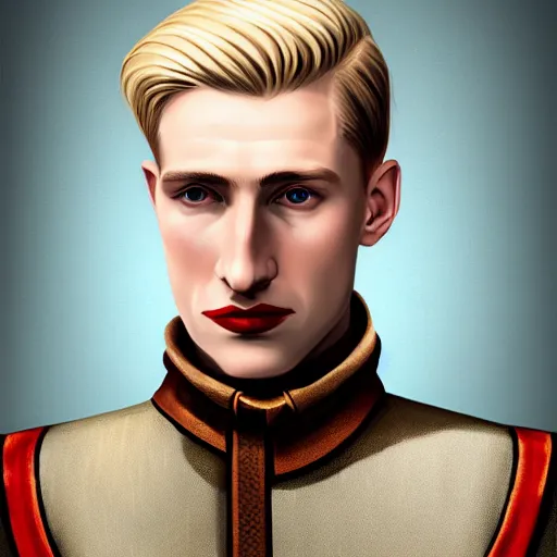 Image similar to A Crusader Kings II portrait of a blond young English man with high cheekbones. Good bone structure. Dressed in 1940s style. Highly detailed, fine Art, high detail, great lighting, 8k resolution, masterpiece, concept art, illustration, clear eyes, painting oil on canvas, octane render, HDR, trending on artstation, 4k, 8k, HD