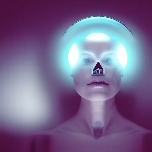 Image similar to A wide bottom camera shot view of a svelte female human with minimalistic bionic implants with artificial general intelligence integrated in her skull in the center of a white minimalistic room with fog in the bottom and light coming from a blue window on the ceiling that lights her skull with blue in the vast white room