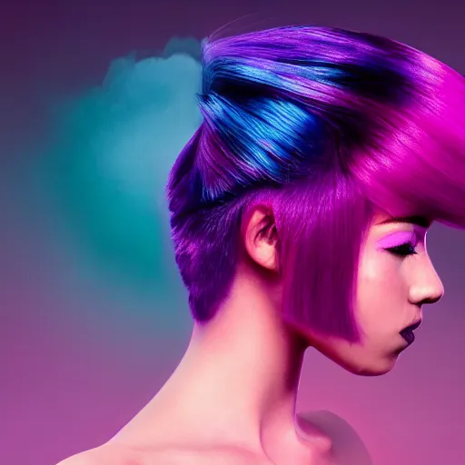 Prompt: a award winning upper body portrait of a beautiful woman in a coprtop with a ombre purple pink hairstyle with head in motion and hair flying, outrun, vaporware, vivid colors, highly detailed, fine detail, intricate