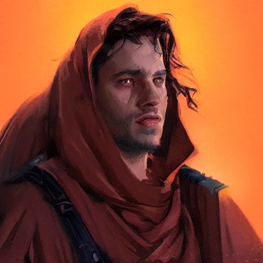 Prompt: portrait of a man by greg rutkowski, a young jedi night, arabian features, messy long black hair, wearing an orange flying jacket, star wars expanded universe, he is about 2 0 years old, highly detailed portrait, digital painting, artstation, concept art, smooth, sharp foccus ilustration, artstation hq