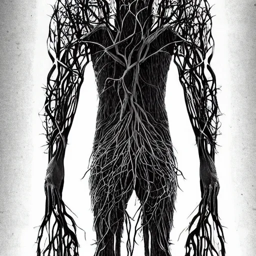 Image similar to digital art, Abstract art, humain body made of roots, intricate roots, trending on artstation, -640