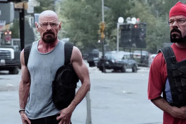 Image similar to medium full shot of walter white as a violent domestic terrorist wearing a black head covering made from a polyester material and a stained red tank top setting up a backpack at a main new york street in the new movie directed by ice cube, movie still frame, wearing a black bullet proof vest, promotional image, critically condemned, relentlessly detailed