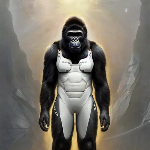 Image similar to science-fiction character portrait of a gorilla wearing a white armored space suit, intricate, wild, highly detailed, digital painting, artstation, shoulders up, concept art, smooth, sharp focus, illustration, art by artgerm and greg rutkowski and alphonse mucha