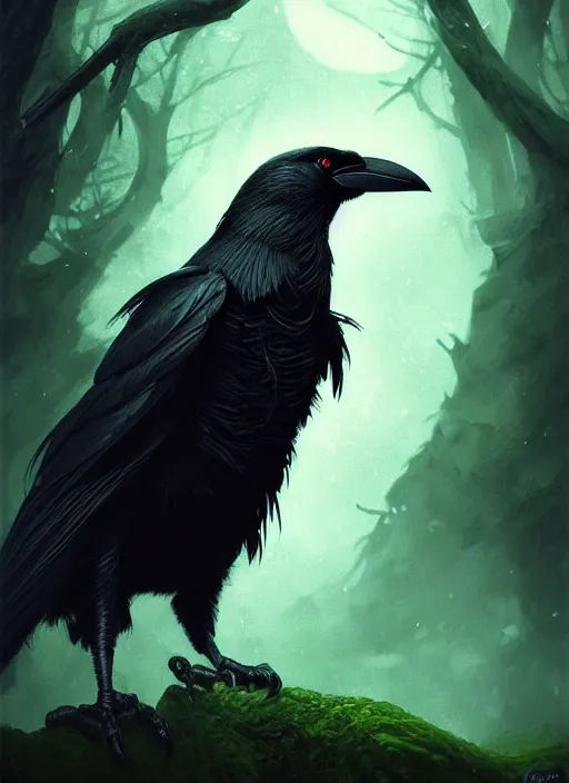 Image similar to side portrait dark crow (animal), close-up, fantasy forest landscape, moonshine, fantasy magic, nice black feather, proud, green dark light night, intricate, elegant, sharp focus, illustration, highly detailed, digital painting, concept art, matte, art by WLOP and Artgerm and Greg Rutkowski and Eddie Mendoza, masterpiece