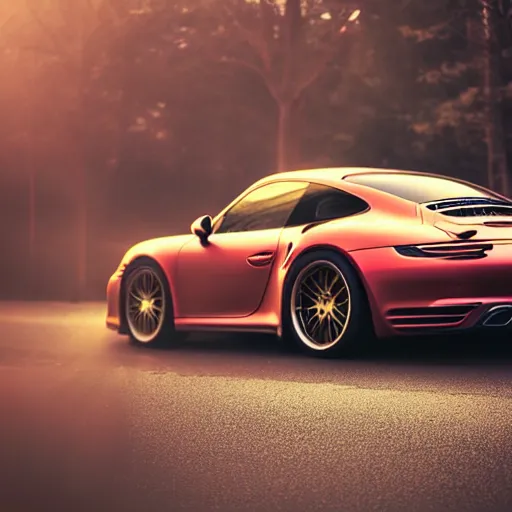 Image similar to parked red Porsche 911 Turbo car, fog, rain, volumetric lighting, beautiful, golden hour, sharp focus, highly detailed, cgsociety