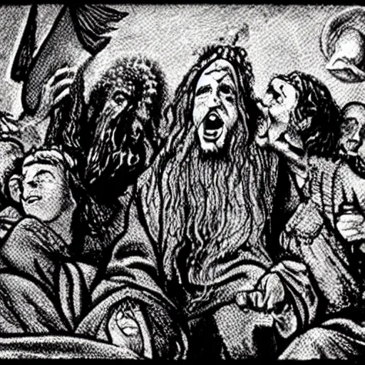 Prompt: god laughing at his worshippers. folk horror