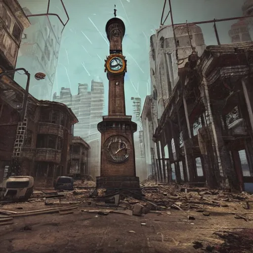 Image similar to a clock tower in an abandoned apocalyptic city, cyberpunk aesthetic