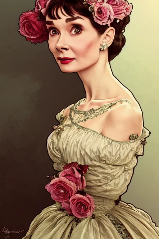 Image similar to audrey hepburn dressed in a victorian roses dress fashion, D&D, fantasy, intricate, elegant, highly detailed, digital painting, artstation, concept art, matte, sharp focus, illustration, art by Artgerm and Greg Rutkowski and meredit frampton and Alphonse Mucha