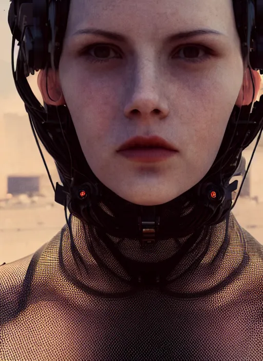 Image similar to cinestill 5 0 d photographic portrait of loving female androids wearing rugged black mesh techwear in a desolate american city, extreme closeup, modern cyberpunk, dust storm, 8 k, hd, high resolution, 3 5 mm, f / 3 2, ultra realistic faces, ex machina