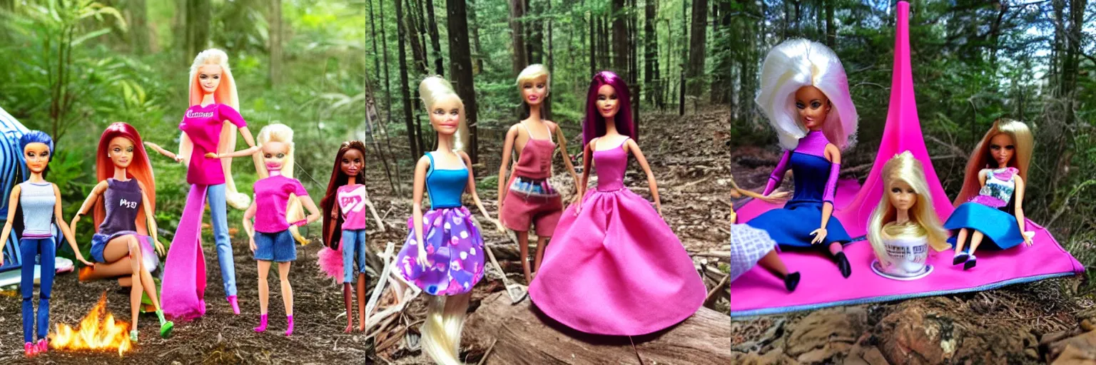 Prompt: Barbie dolls on a camping trip