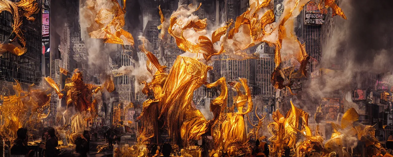 Image similar to 'Deamons unleashed in Times Square' by István Sándorfi royally decorated, whirling smoke, embers, gold encrustations , gilt silk torn fabric, radiant colors, fantasy, perfect lighting, studio lit, volumetric lighting, micro details, 3d sculpture,