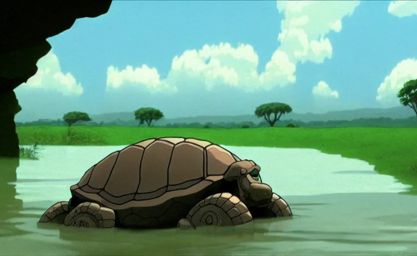 Prompt: a hyperrealist cell - shaded cartoon movie still from howl's moving castle ( 2 0 0 4 ) of a giant mechanized tortoise in a flooded stonehenge. a rainforest is in the background with shafts of sunlight from above. very dull muted colors, hd, 4 k, hq