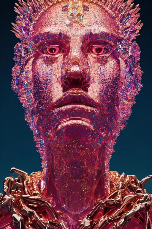 Image similar to hyper detailed ultra sharp portrait of baroque and bladerunner delicate neon diamond sculpture of seductive muscular albino king jesus, diamond pink sphinx iridescent humanoid deity wearing metallic hoody made out of hands holding the sun prismatic dungeon, glowing blue face, crown of white diamonds, cinematic lighting, photorealistic, octane render 8 k depth of field 3 d