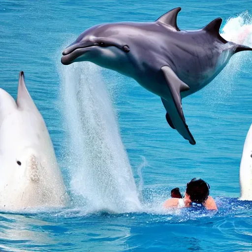 Prompt: Boris Johnson getting attacked by a pod of dolphins at sea world