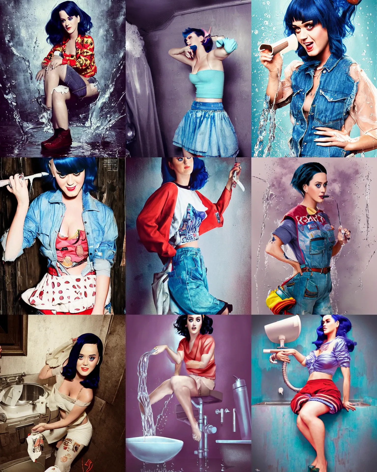 Prompt: katy perry wearing old clothes, fixing a leaking sink, puddle of water on the floor, by ross tran