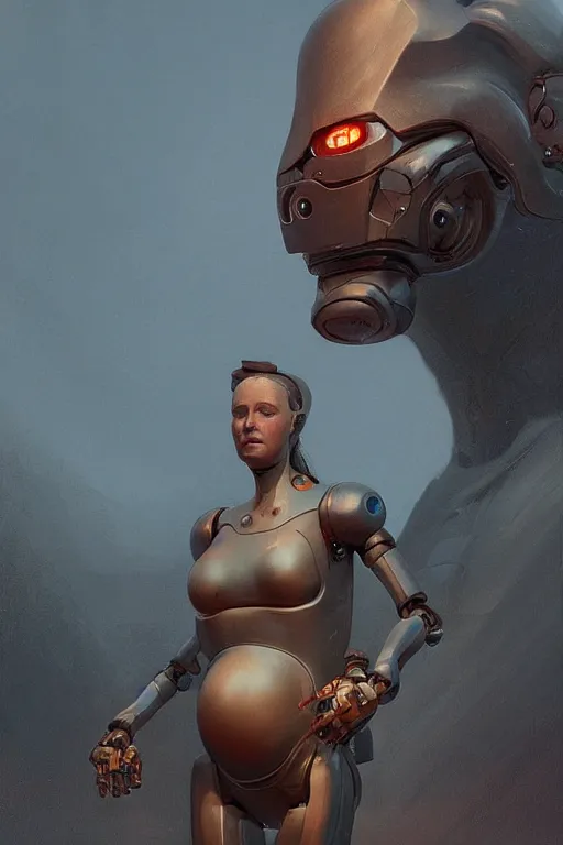 Prompt: female robot pregnant, portrait, dystopian, digital painting, sculpted in zbrush, artstation, concept art, sharp focus, illustration, chiaroscuro lighting, golden ratio, rule of thirds, by artgerm greg rutkowski wlop simon stalenhag, unreal engine 5, metahumans