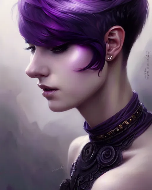 Prompt: fantasy portrait, pixie undercut hairstyle, black to purple fade hair color, intricate, elegant, sharp focus, illustration, highly detailed, digital painting, concept art, matte, art by WLOP and Artgerm and Greg Rutkowski and Alphonse Mucha, masterpiece