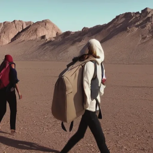 Prompt: a huge crowd of pinterest girls wearing giant backpacks, walking in the desert, margiela campaign, cinematic lighting, hd vfx - 9