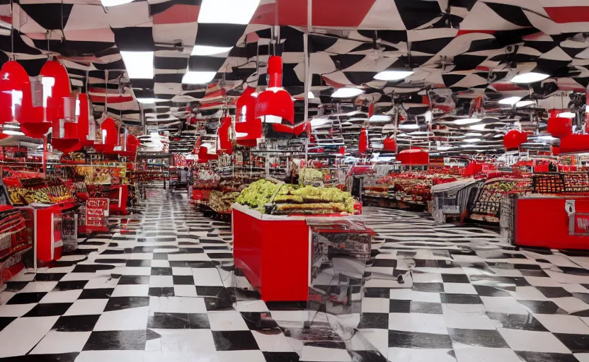 Prompt: interior of a 1950s style super market, retro equipment, red, black and white checkered patterns, us style