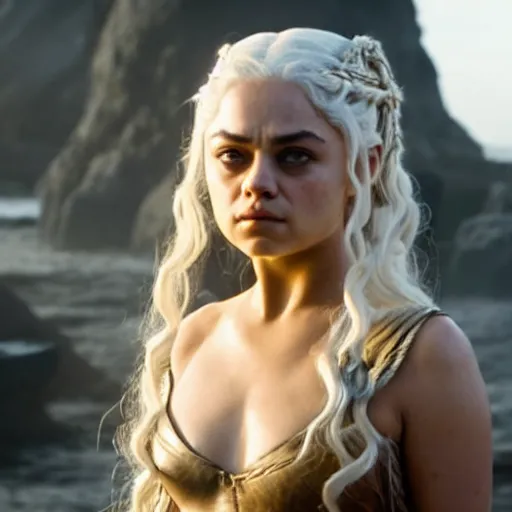 Image similar to mila kunis as daenerys targaryen, golden hour, cinematic