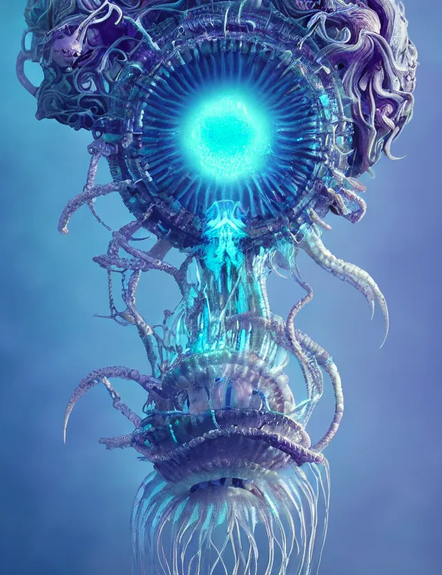 Image similar to goddess macro close - up portrait wigh crown made of ram skull. betta fish, jellyfish phoenix, bioluminiscent, plasma, ice, water, wind, creature, super intricate ornaments artwork by tooth wu and wlop and beeple and greg rutkowski