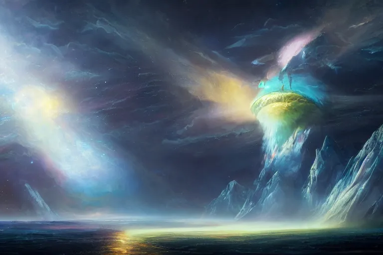 Prompt: genesis, music, the world is born from the pluck of a string, the vibrations bring order from chaos, every living thing is connected by a thread of fate, together they make a glorious song that creates a gnostic hyper-dream ascension of harmony and bliss throughout the universe amazing concept painting by Jessica Rossier