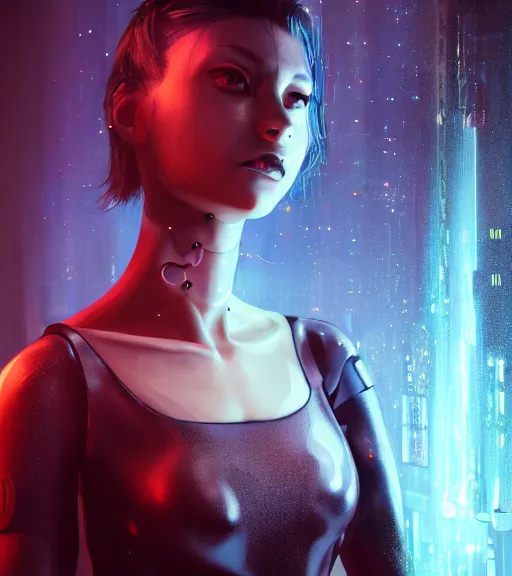 Prompt: a cyberpunk woman with a sparkling sphere in the neck, hyperrealistic, cyber world, ambient lighting, concept art, hyper - detailed, smooth, octane, ray tracing, cinematic, high quality