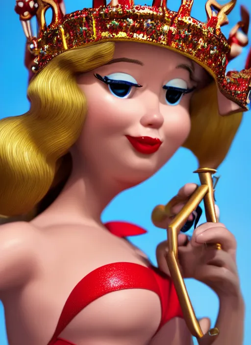 Image similar to closeup face profile portrait of a tin toy fairytale princess wearing a crown eating cakes, bikini, depth of field, zeiss lens, detailed, symmetrical, centered, fashion photoshoot by dan decarlo, bob clampett, bill ward, max fleischer hyperrealistic, octane render