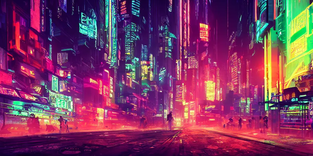 Hyper detailed digital art of a cyberpunk city, neon | Stable Diffusion