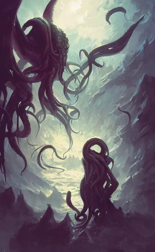 Image similar to a beautiful artwork illustration, cthulhu, high contrast, high saturation, by Greg Rutkowski and Jesper Ejsing and Raymond Swanland, featured on artstation, wide angle, vertical orientation